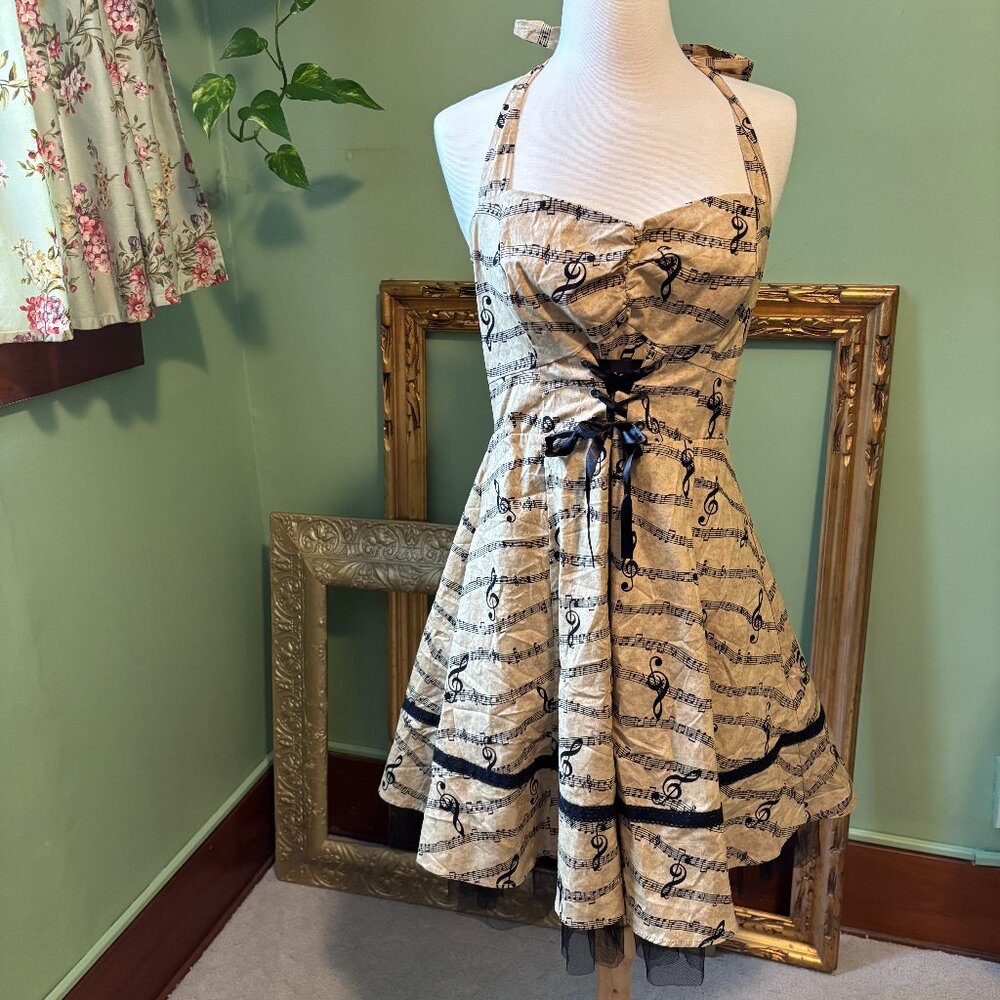 NWT Vintage-Style Music Note Halter Dress XL Back Tan Treble Clef Tulle Retro